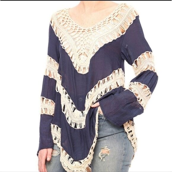 Umgee Navy Crochet Boho Blouse Size Small Tunic - Picture 1 of 5